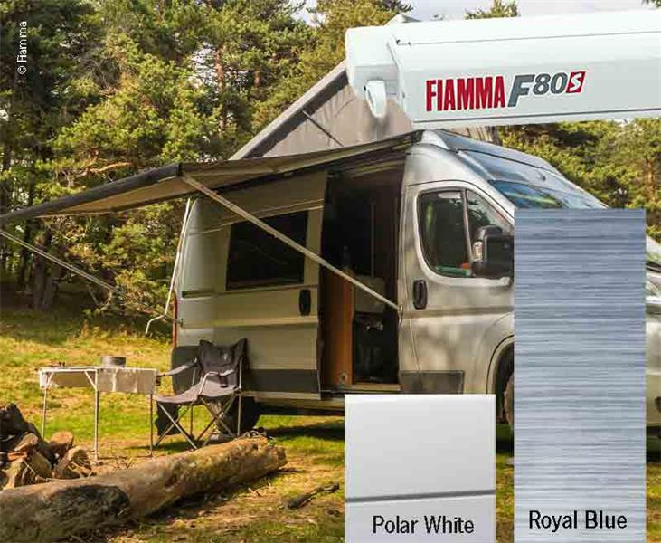 Markýza střešní kazetová Fiamma F80s 2,9 m (pouzdro Polární bílá, plátno Royal Blue, výsuv 2,5 m) 306220
